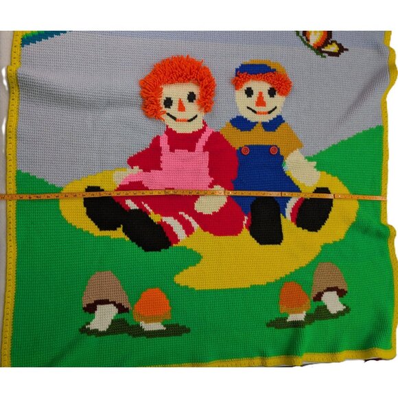 Raggedy Ann And Andy Crocheted Throw Blanket OOAK Vintage Retro Mushroom 50”x49" - Picture 5 of 9